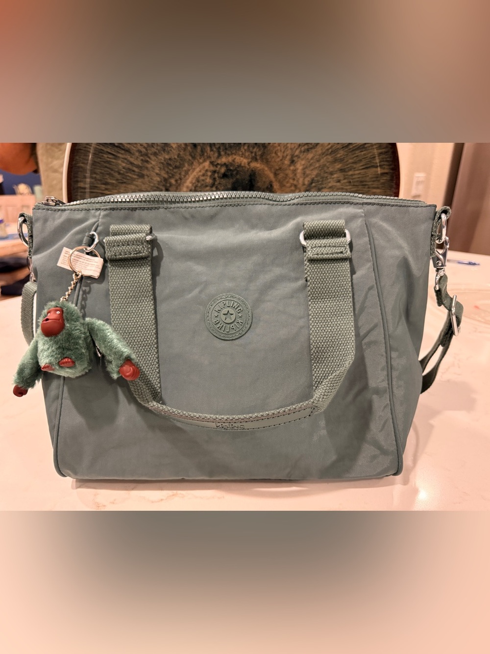 Kipling Sage Green Crossbody Tote with Monkey Charm